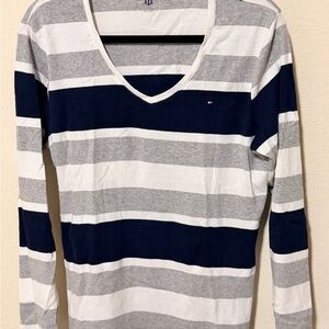 Tommy Hilfiger Navy, Gray, and White Striped Long Sleeve Top